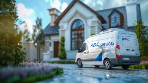 hvac truck in front of a home. an image for hvac marketing services